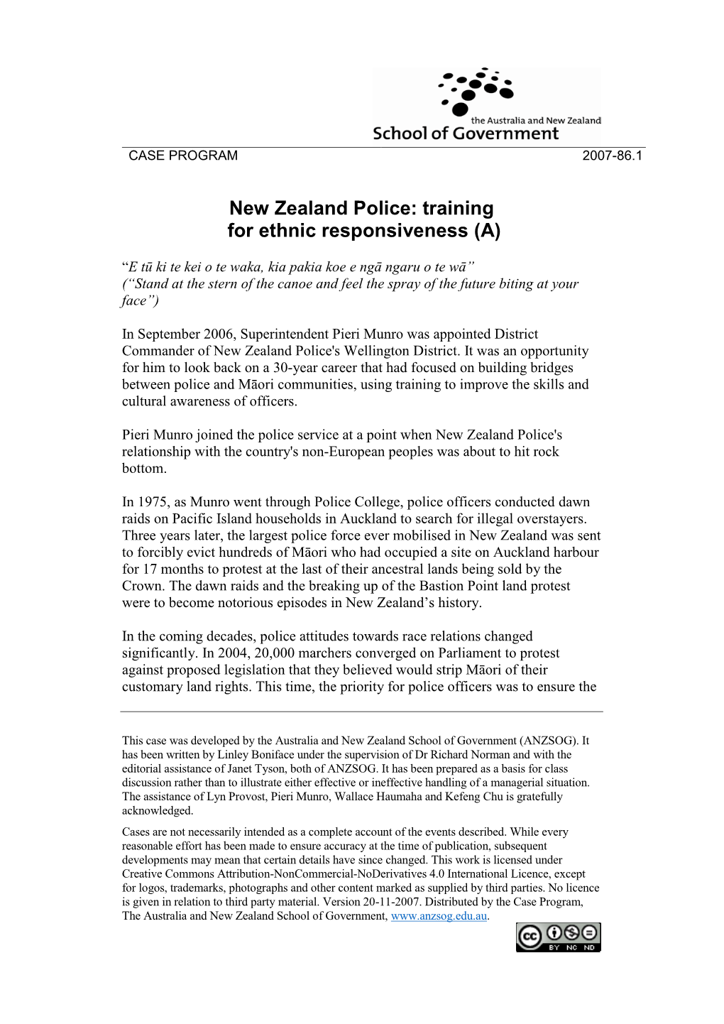 New Zealand Police: Training for Ethnic Responsiveness (A)