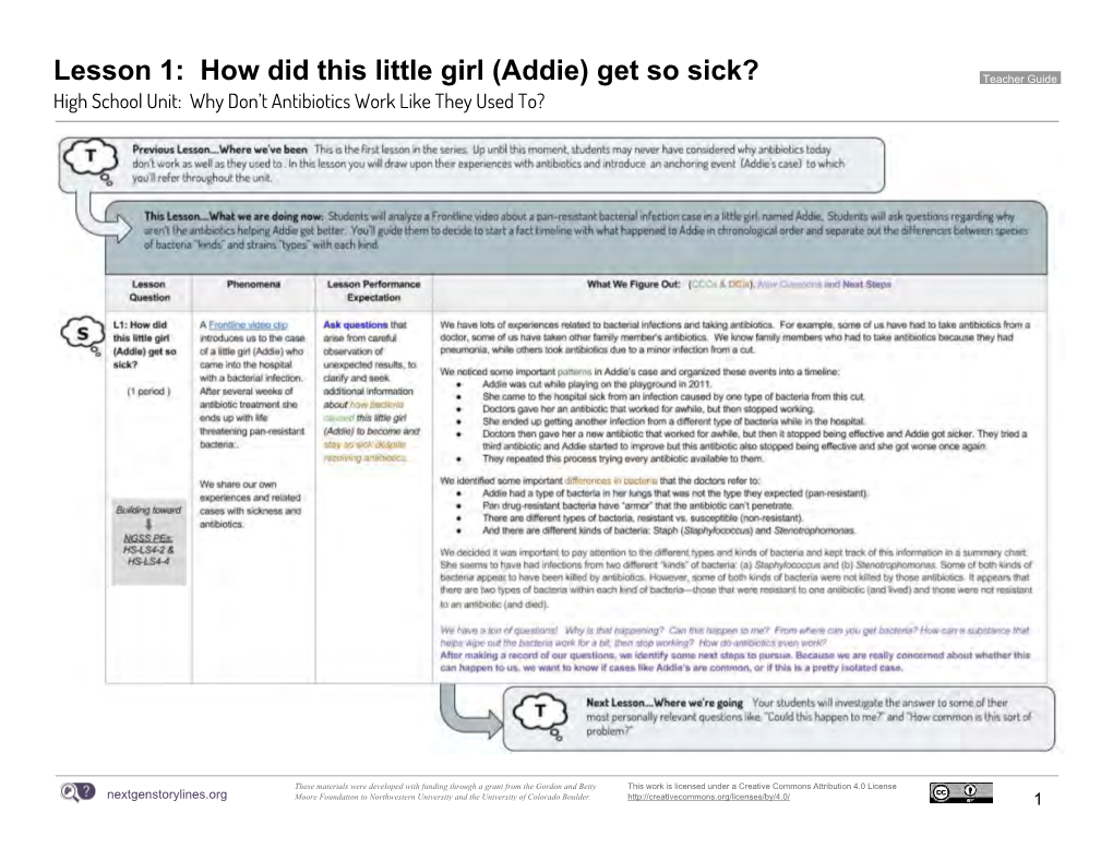 Lesson 1: How Did This Little Girl (Addie) Get So Sick? Teacher Guide​- High School Unit: Why Don’T Antibiotics Work Like They Used To?