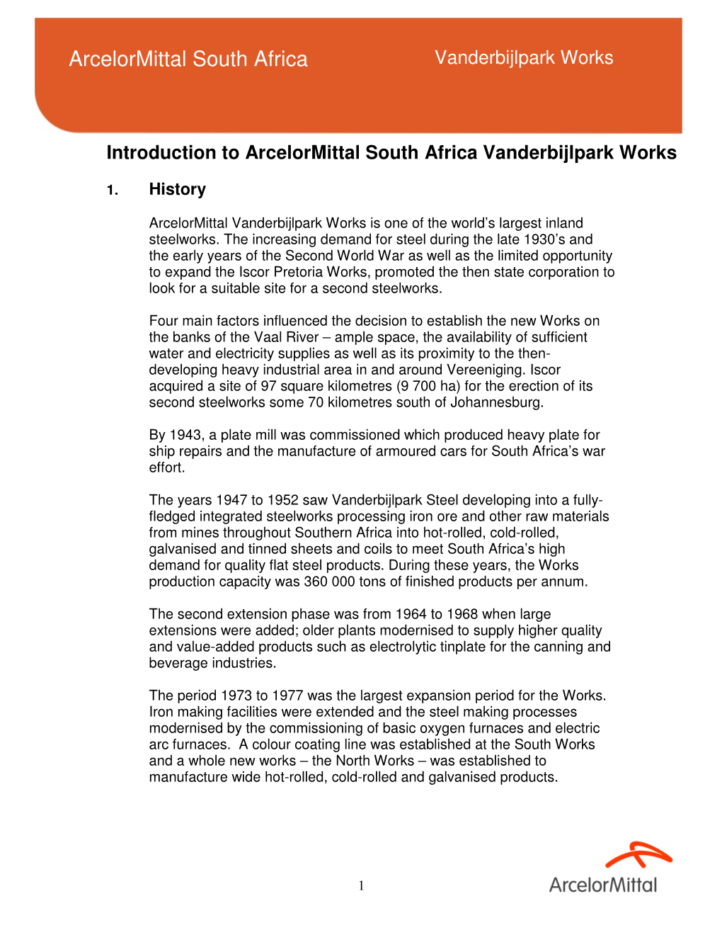 Introduction to Arcelormittal South Africa Vanderbijlpark Works