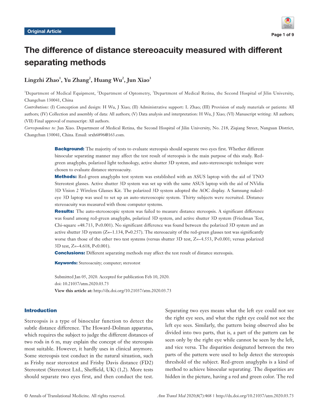 The Difference of Distance Stereoacuity Measured with Different Separating Methods