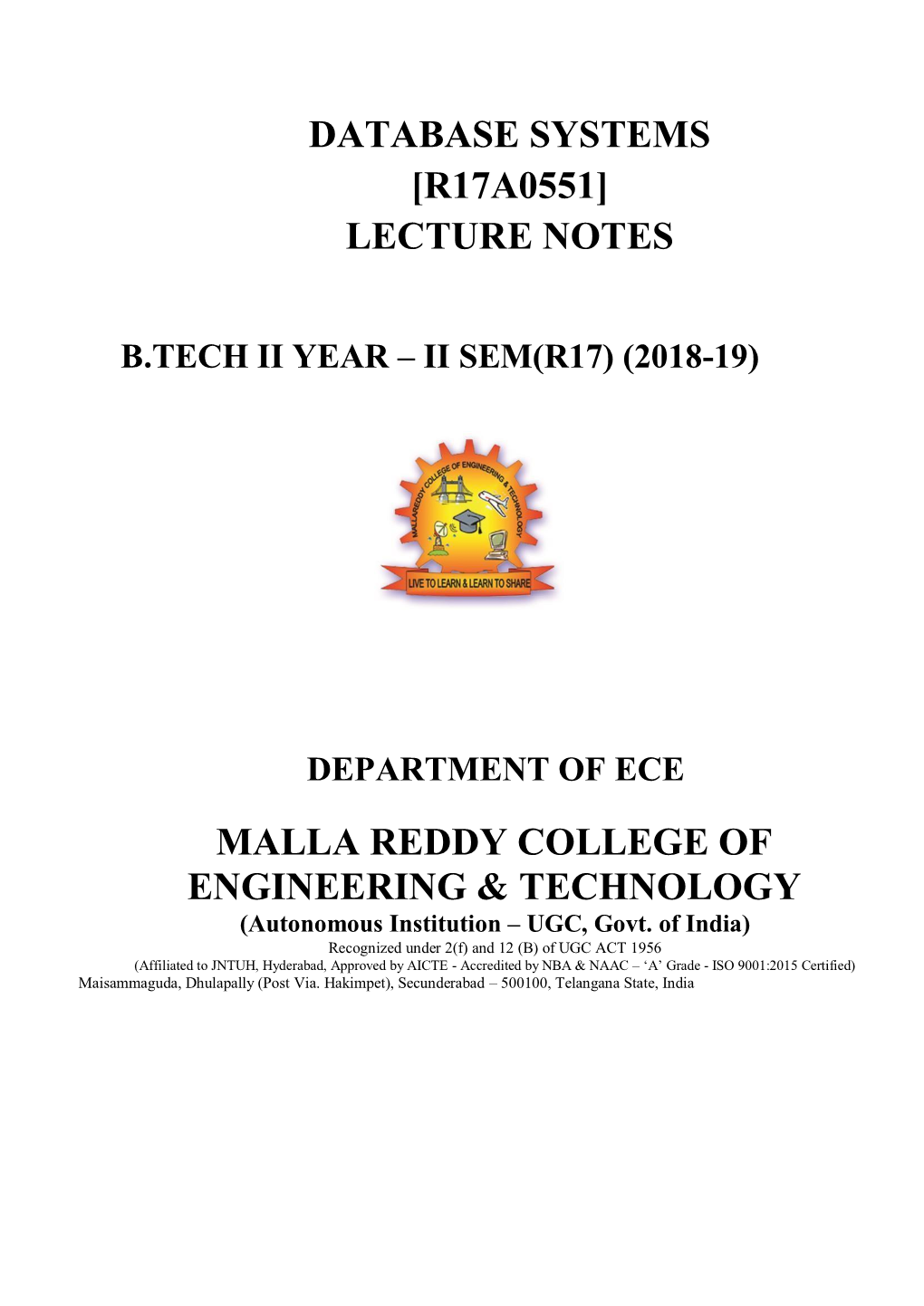 Database Systems [R17a0551] Lecture Notes Malla Reddy