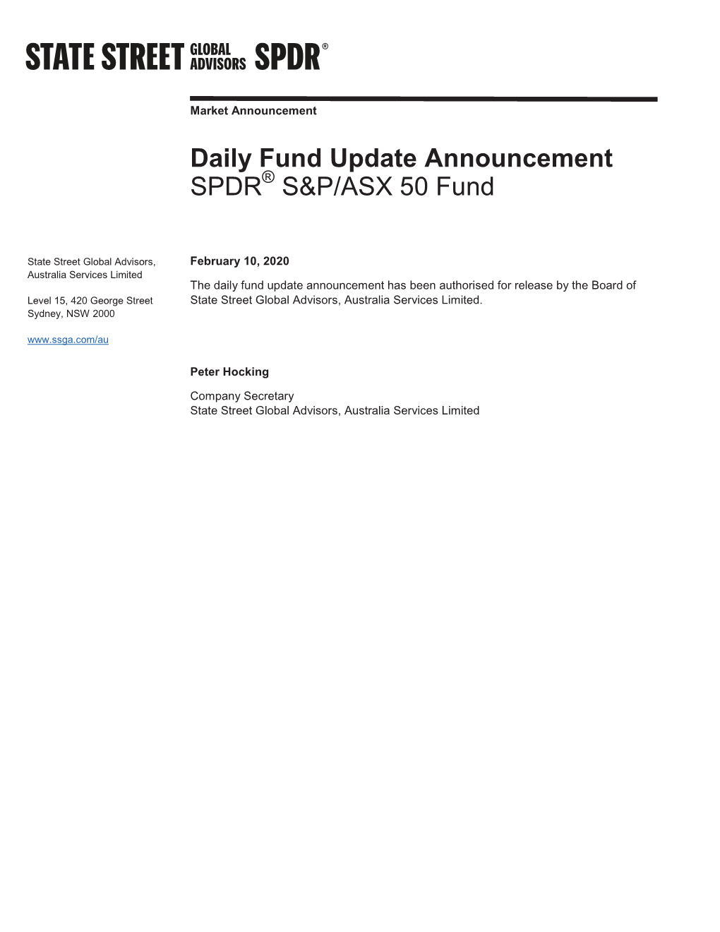 Daily Fund Update Announcement SPDR S&P/ASX 50 Fund