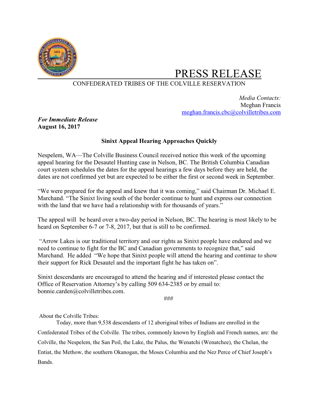 Press Release Confederated Tribes of the Colville Reservation