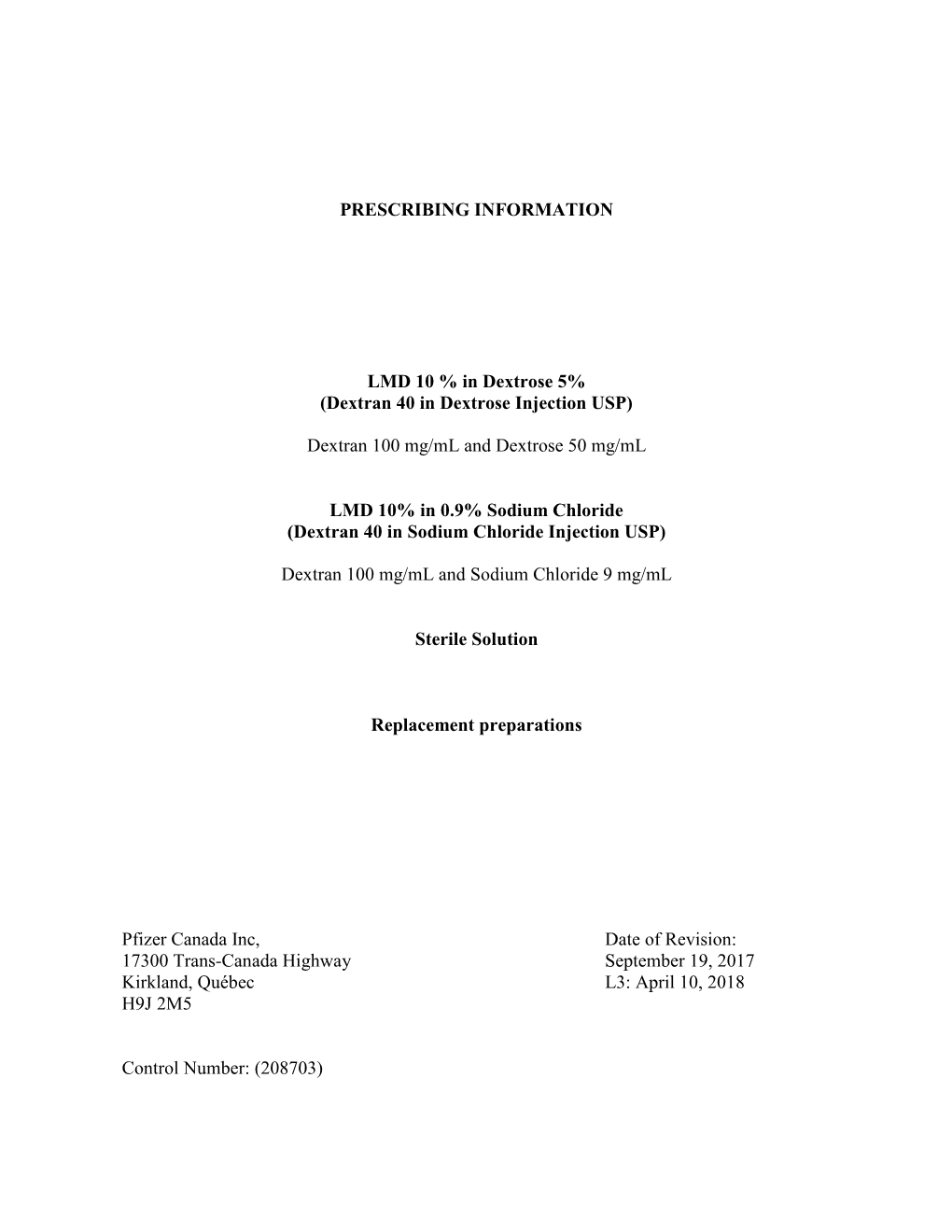 PRESCRIBING INFORMATION LMD 10 % in Dextrose 5% (Dextran 40 in Dextrose Injection USP)