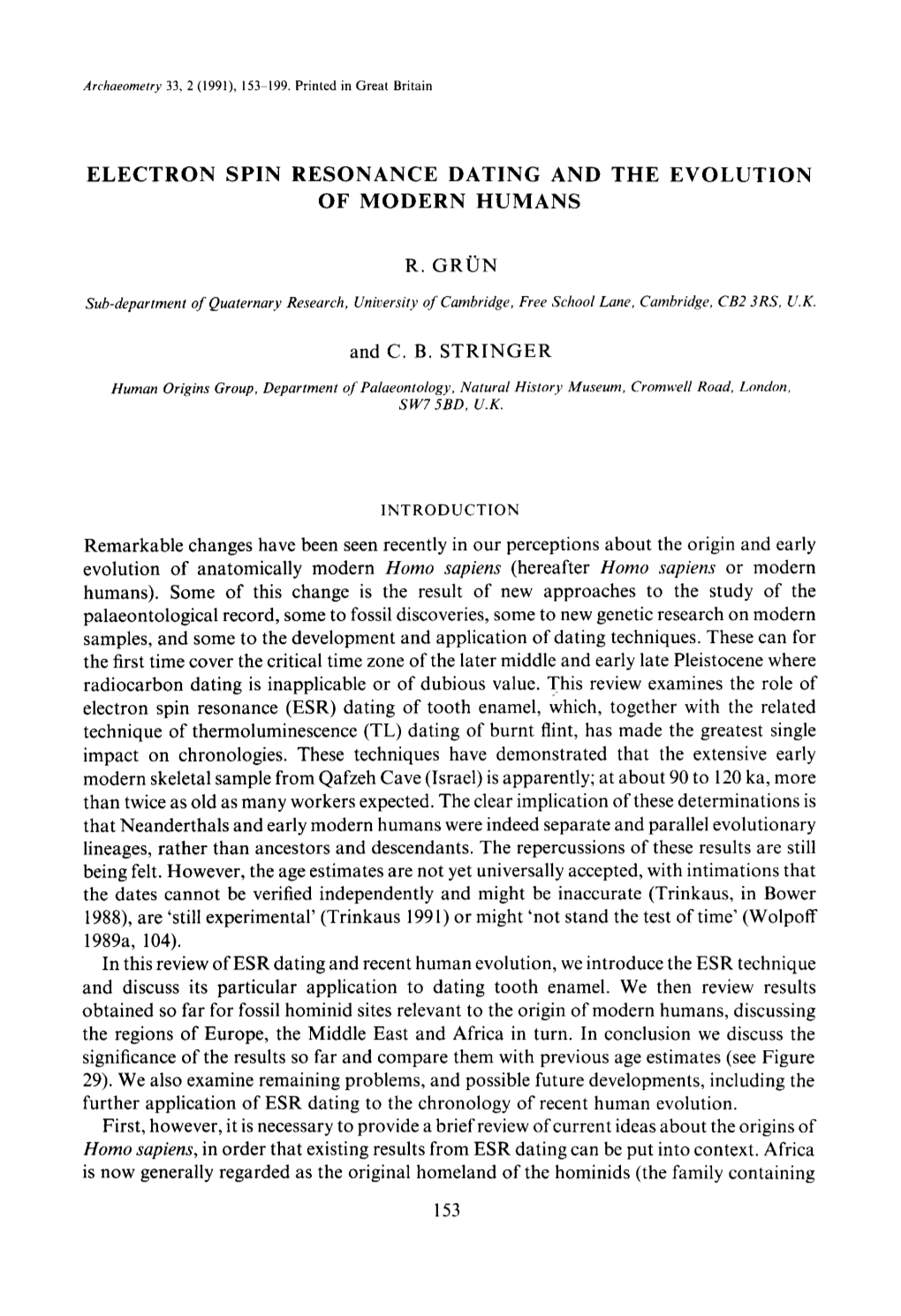 Electron Spin Resonance Dating and the Evolution of Modern Humans