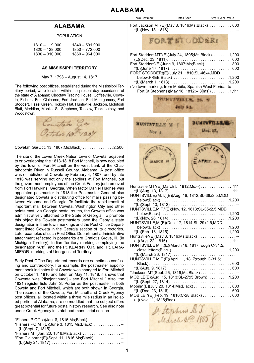 ALABAMA Town Postmark Dates Seen Size • Color • Value ALABAMA Fort Jackson MT(E)(May 8, 1816;Ms;Black)