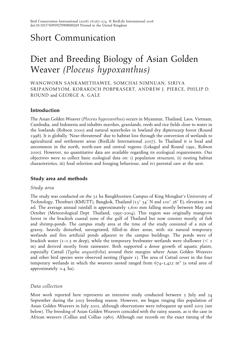 Diet and Breeding Biology of Asian Golden Weaver (Ploceus Hypoxanthus)