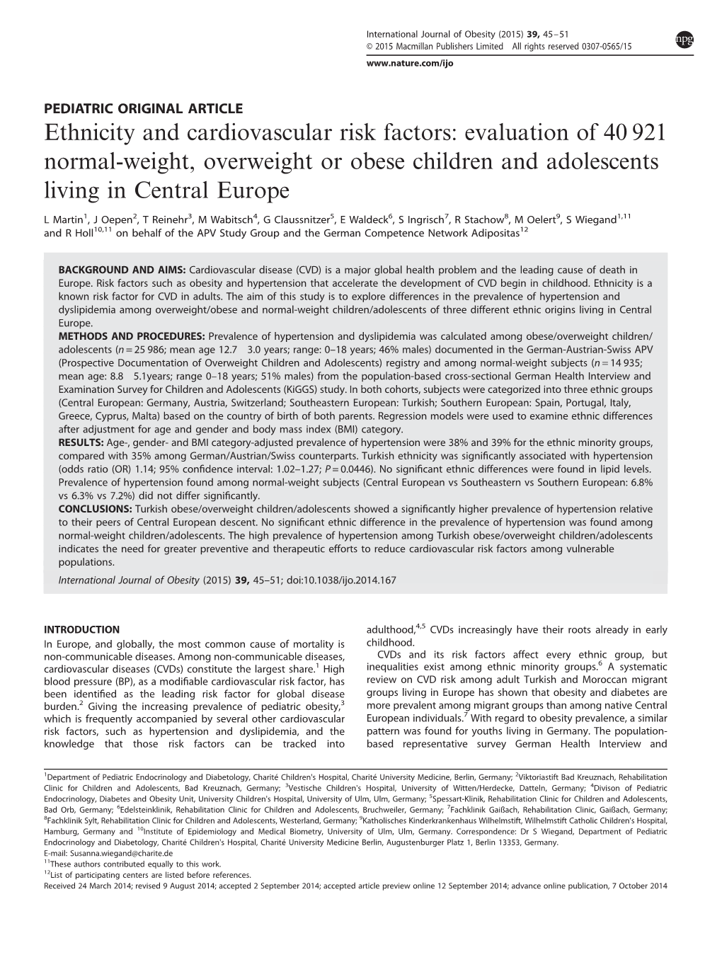 921 Normal-Weight, Overweight Or Obese Children and Adolescents Living in Central Europe