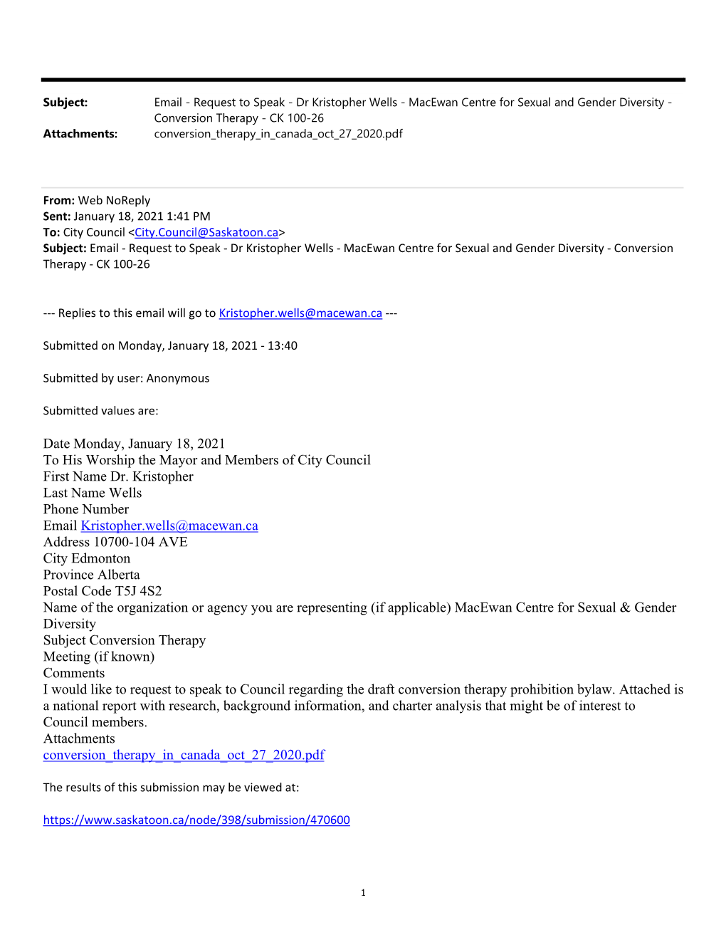 Dr Kristopher Wells - Macewan Centre for Sexual and Gender Diversity - Conversion Therapy - CK 100-26 Attachments: Conversion Therapy in Canada Oct 27 2020.Pdf