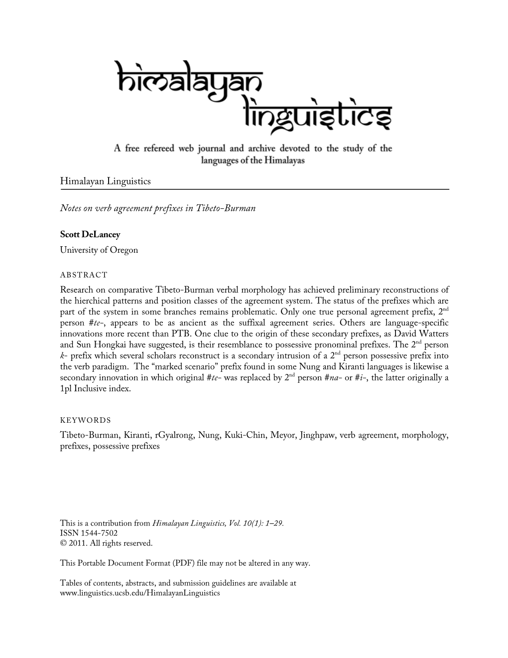 Himalayan Linguistics Notes on Verb Agreement Prefixes in Tibeto-Burman