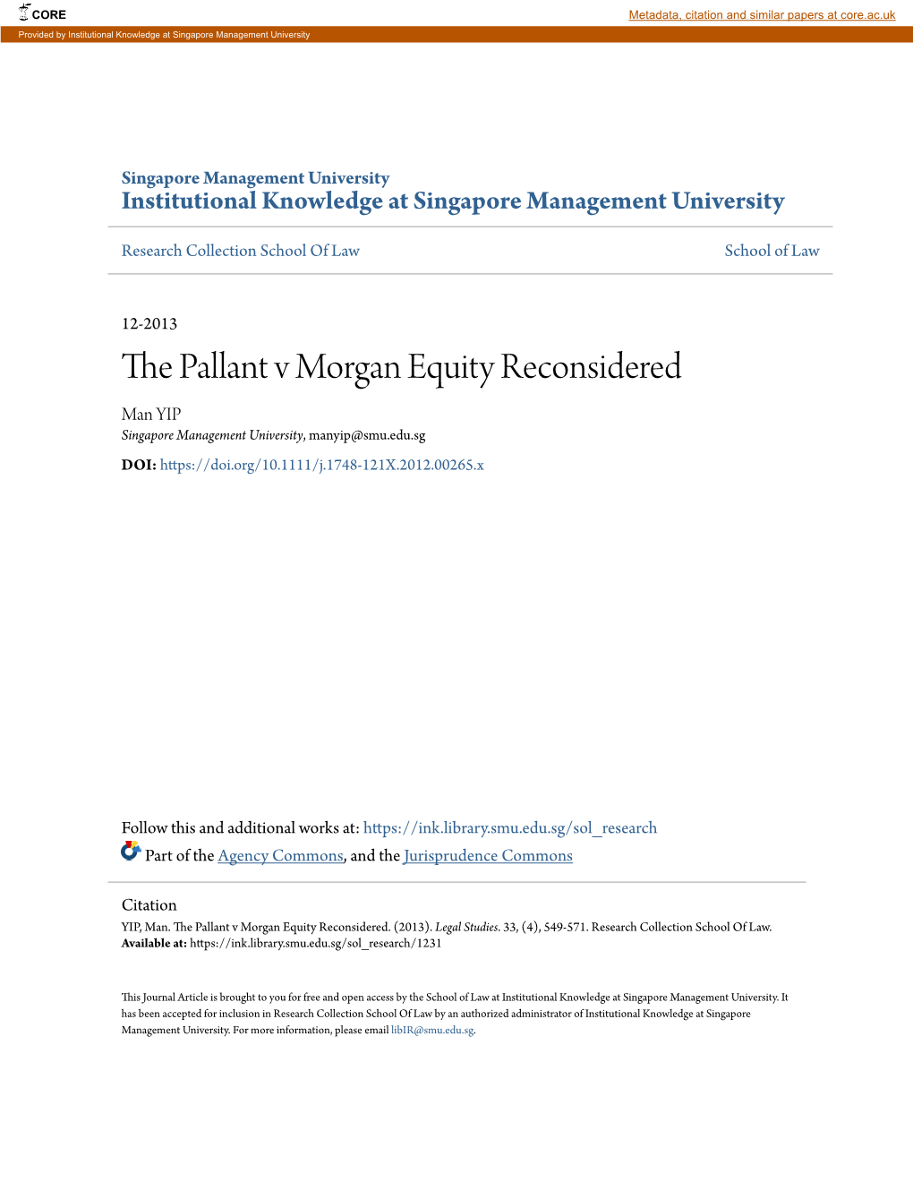 The Pallant V Morgan Equity Reconsidered