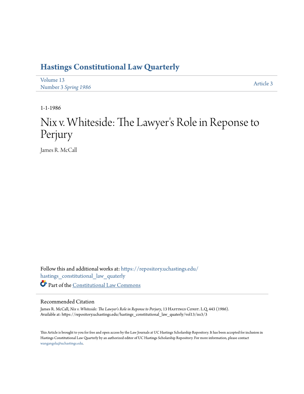 Nix V. Whiteside: the Lawyer's Role in Reponse to Perjury James R