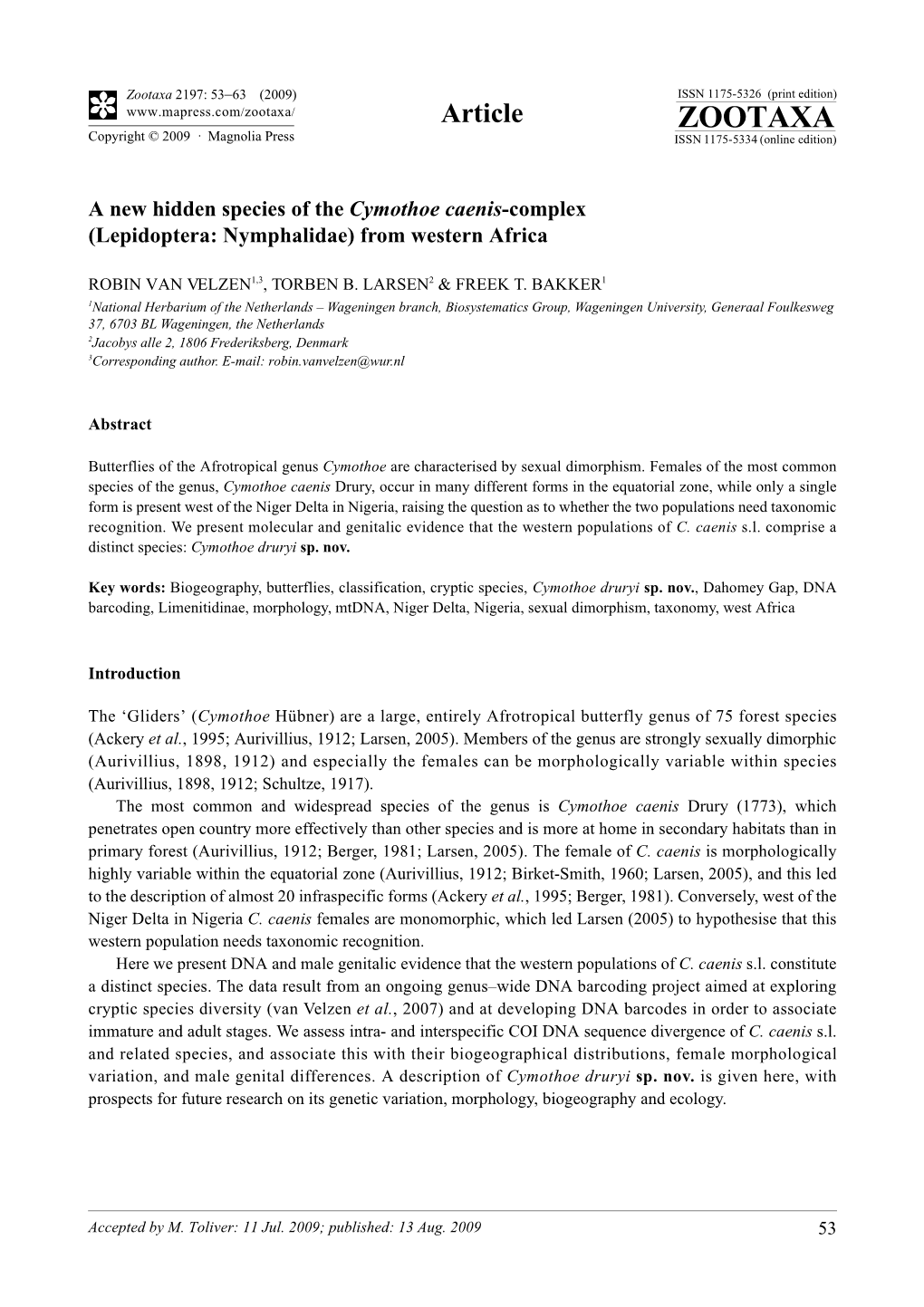 Zootaxa, a New Hidden Species of the Cymothoe Caenis-Complex