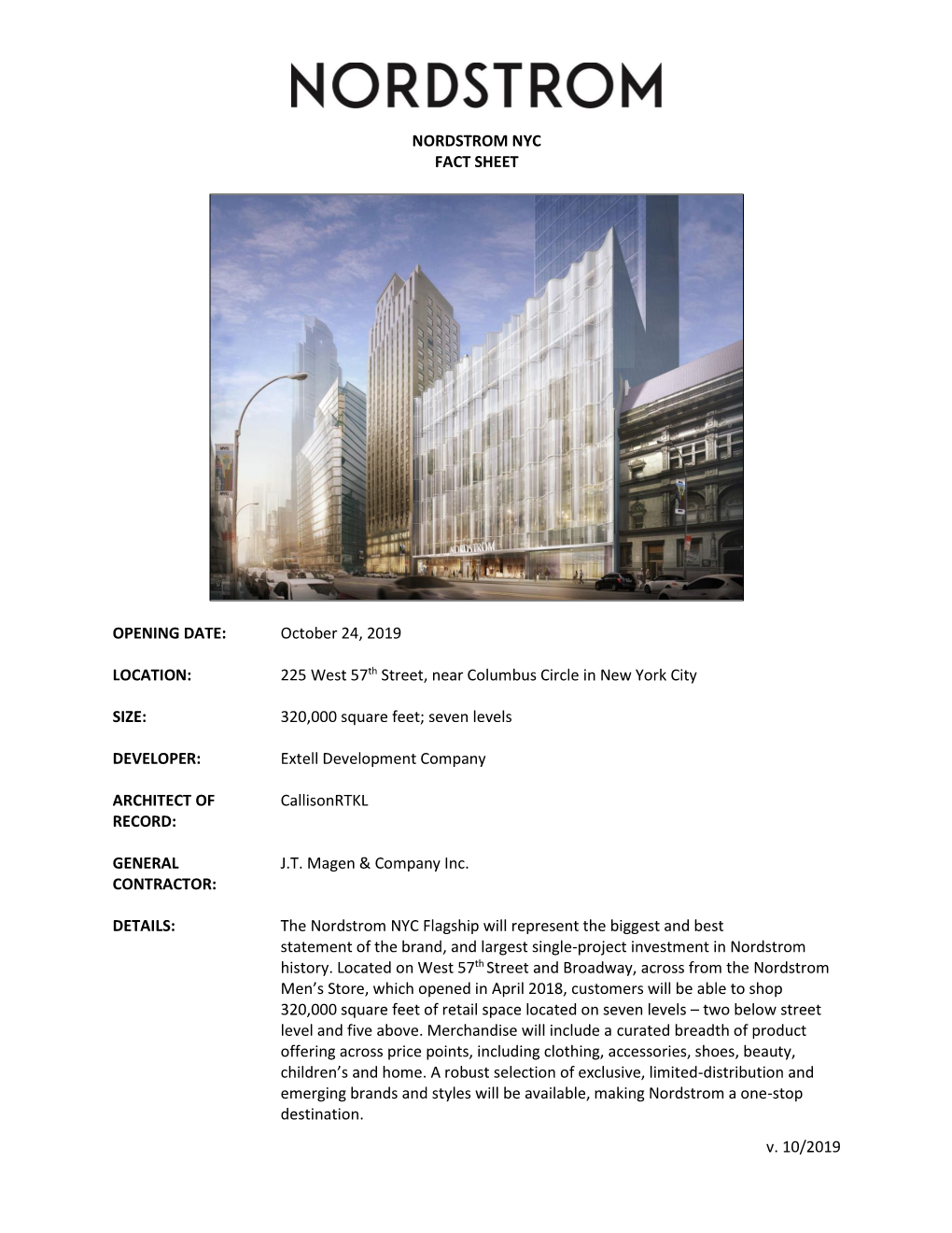 V. 10/2019 NORDSTROM NYC FACT SHEET OPENING DATE