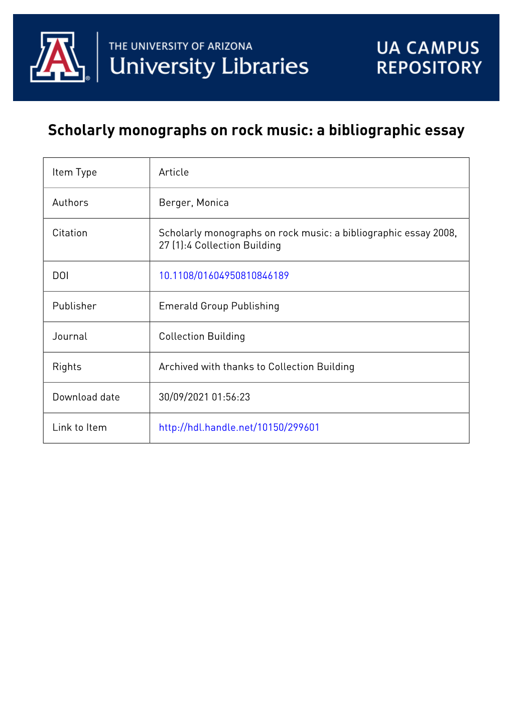 Scholarly Monographs on Rock Music: a Bibliographic Essay