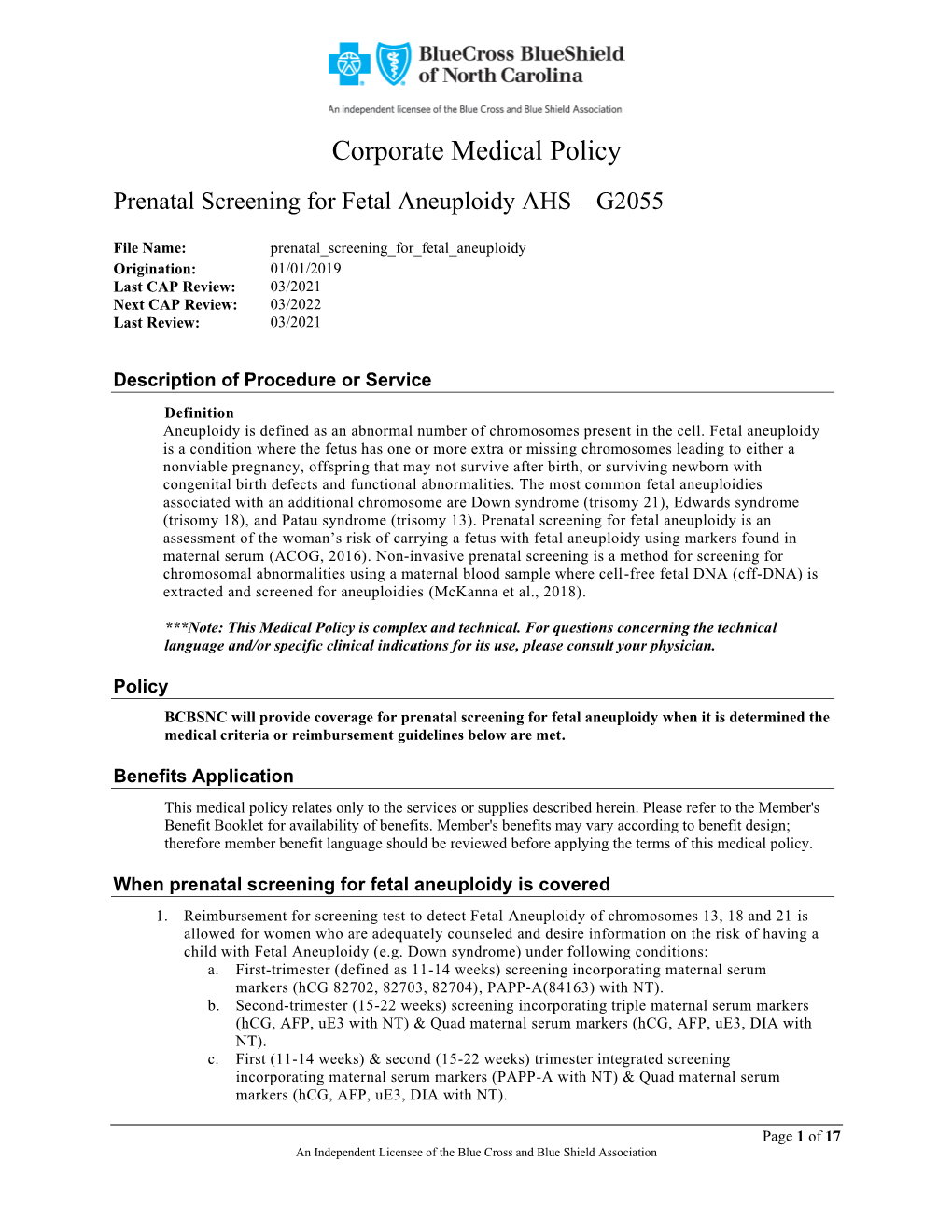 Prenatal Screening for Fetal Aneuploidy AHS – G2055