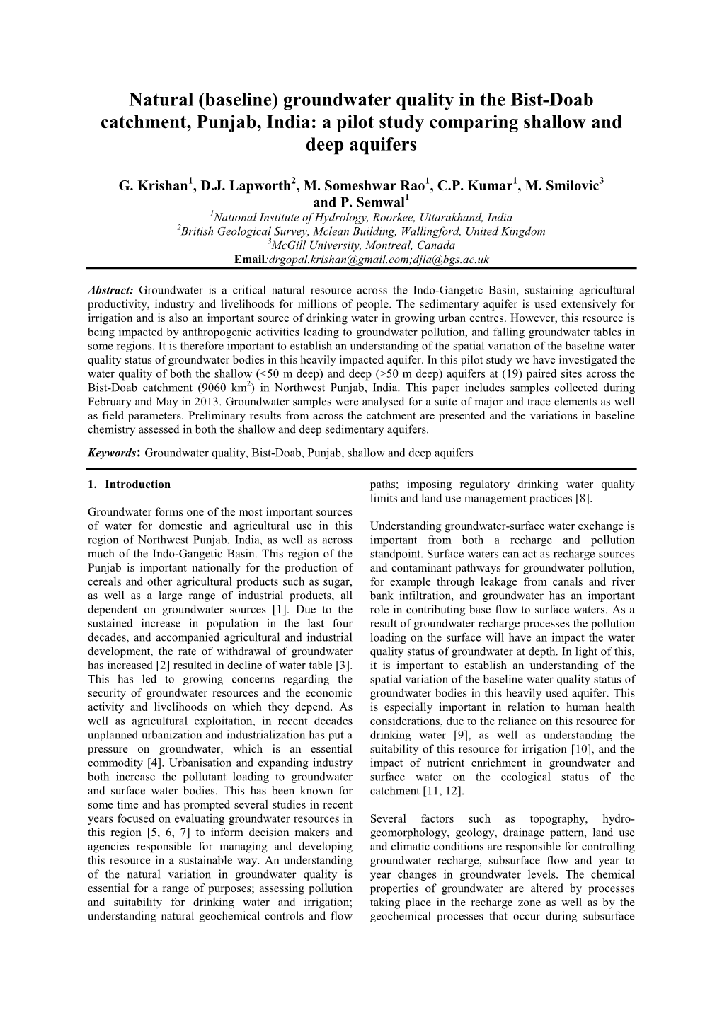 Groundwater Quality in the Bist-Doab Catchment, Punjab, India: a Pilot Study Comparing Shallow and Deep Aquifers