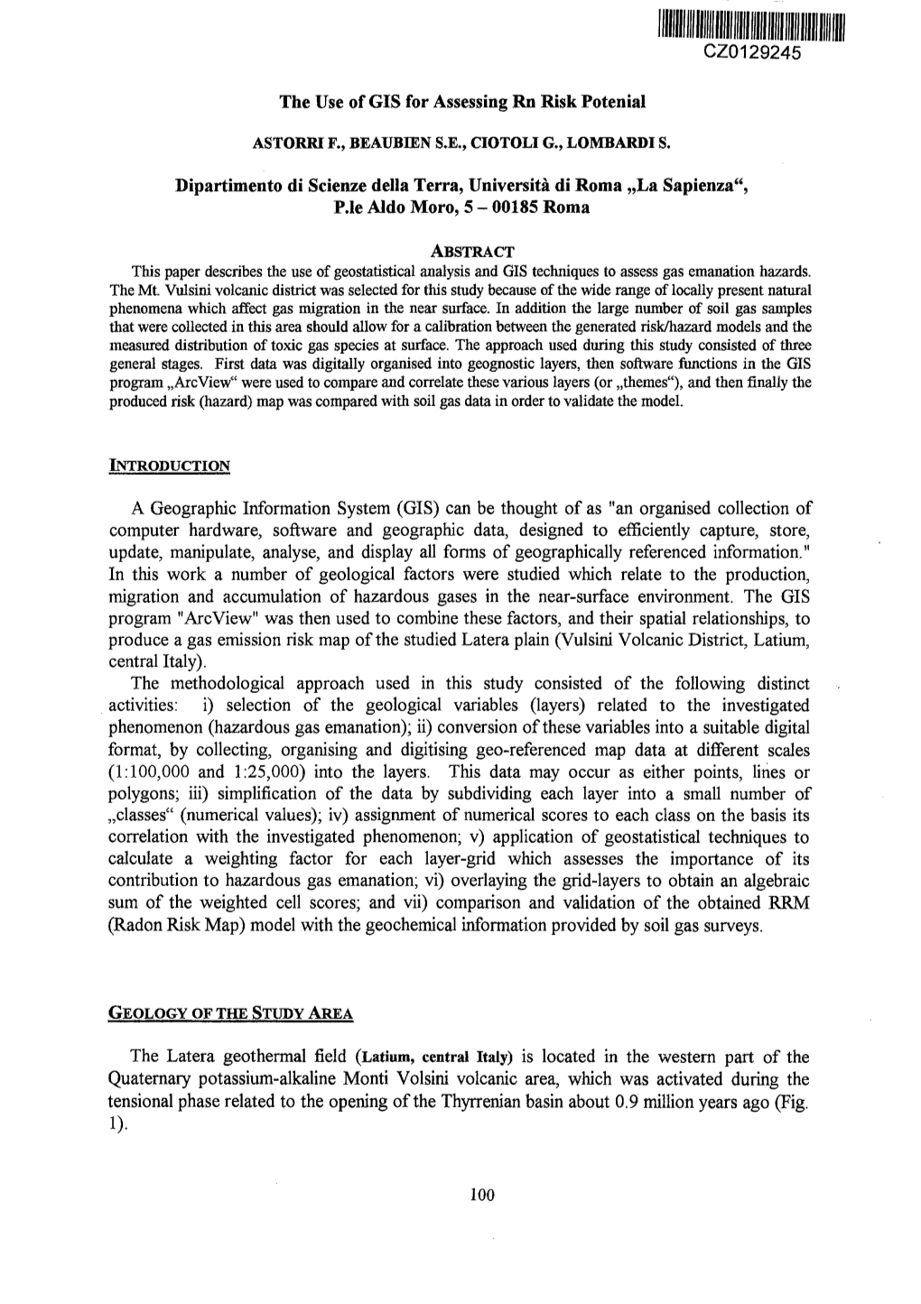 CZ0129245 the Use of GIS for Assessing Rn Risk Potenial