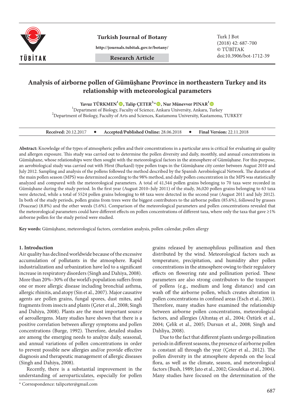 Analysis of Airborne Pollen of Gümüşhane Province in Northeastern Turkey and Its Relationship with Meteorological Parameters