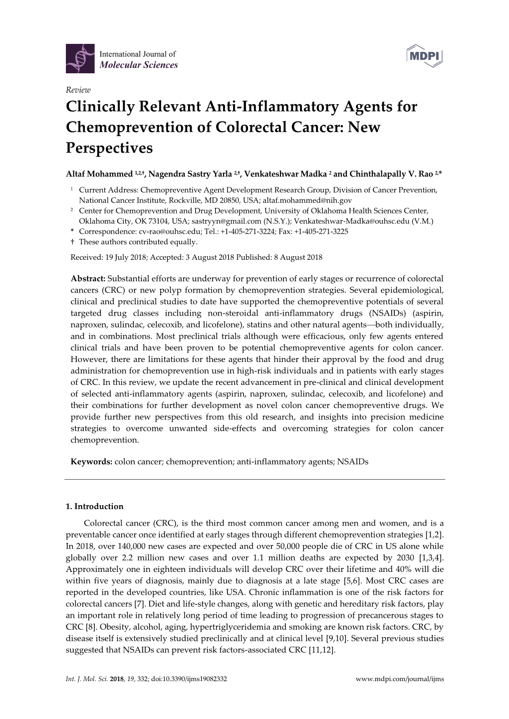 Clinically Relevant Anti-Inflammatory Agents for Chemoprevention of Colorectal Cancer: New Perspectives