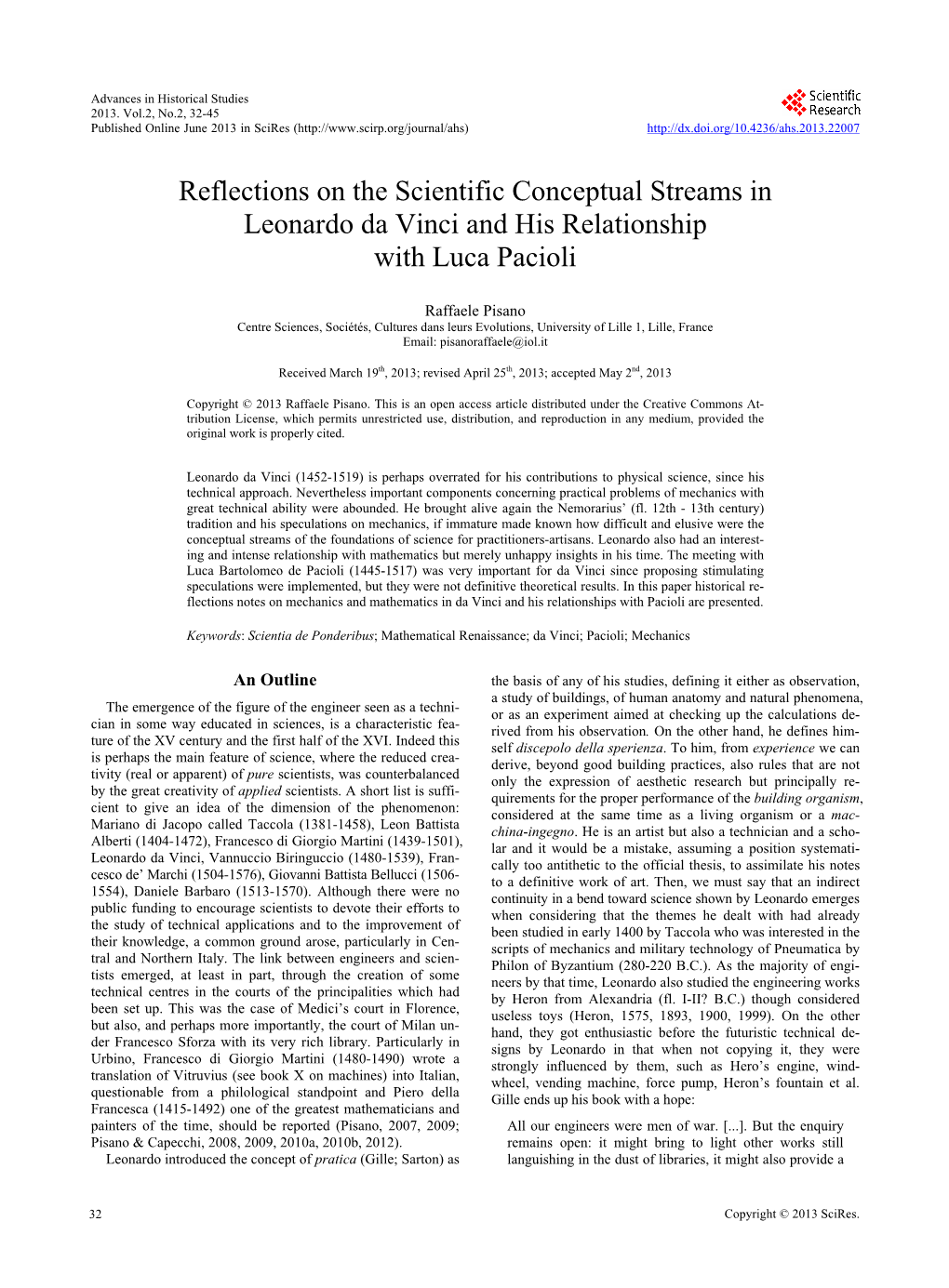 Reflections on the Scientific Conceptual Streams in Leonardo Da Vinci and His Relationship with Luca Pacioli