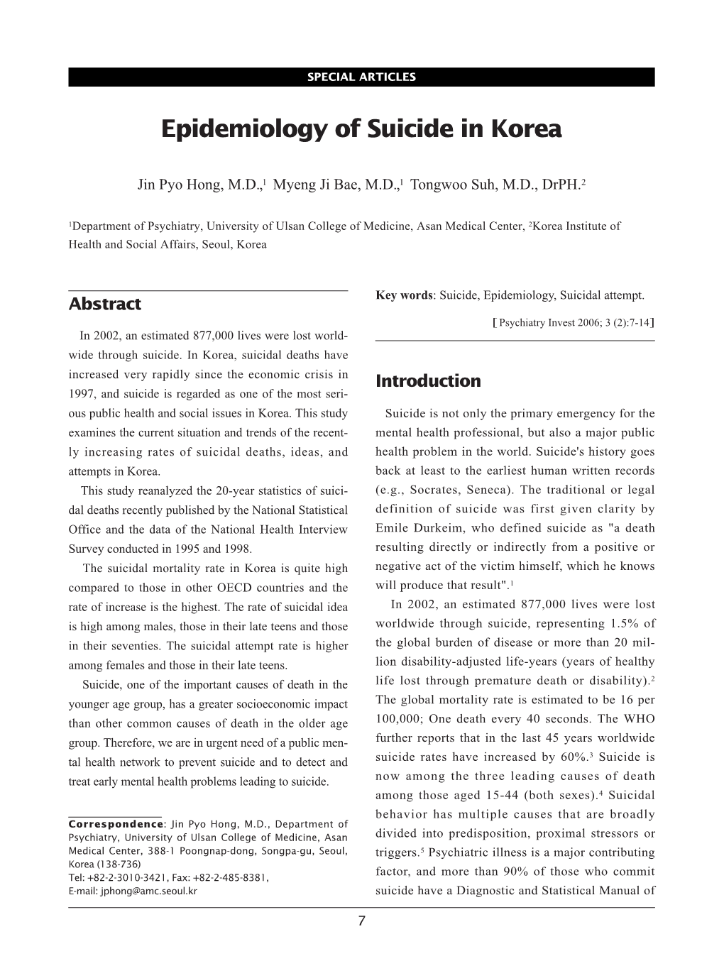 Epidemiology of Suicide in Korea
