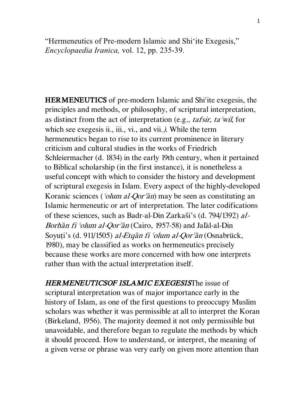 Hermeneutics of Pre-Modern Islamic and Shi'ite Exegesis