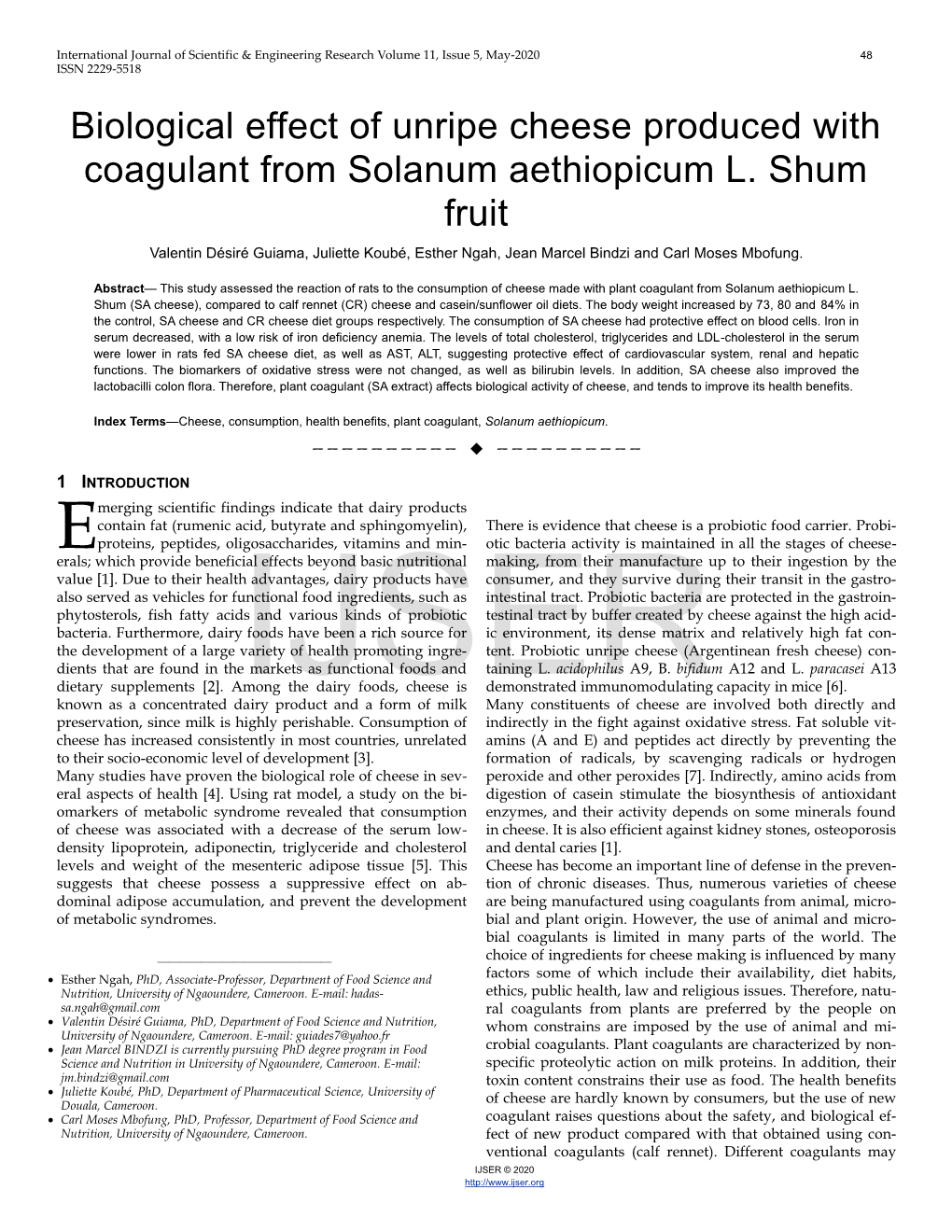 Biological Effect of Unripe Cheese Produced with Coagulant from Solanum Aethiopicum L