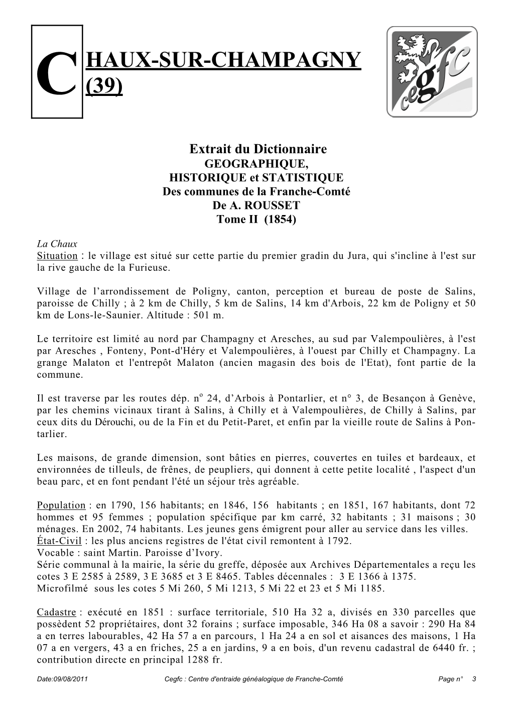 Notice Historique De Chaux-Sur-Champagny