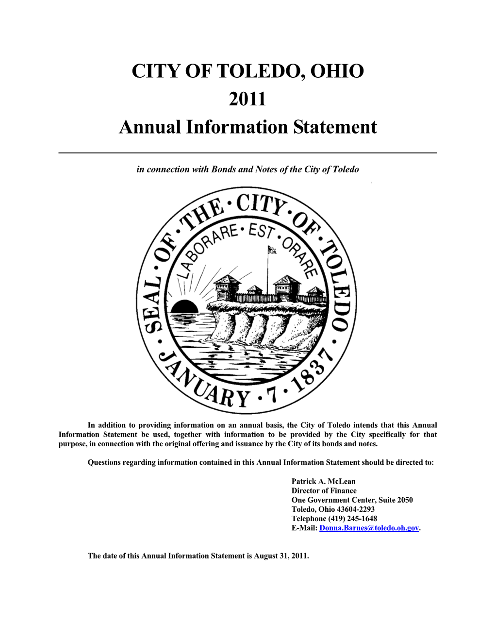 CITY of TOLEDO, OHIO 2011 Annual Information Statement