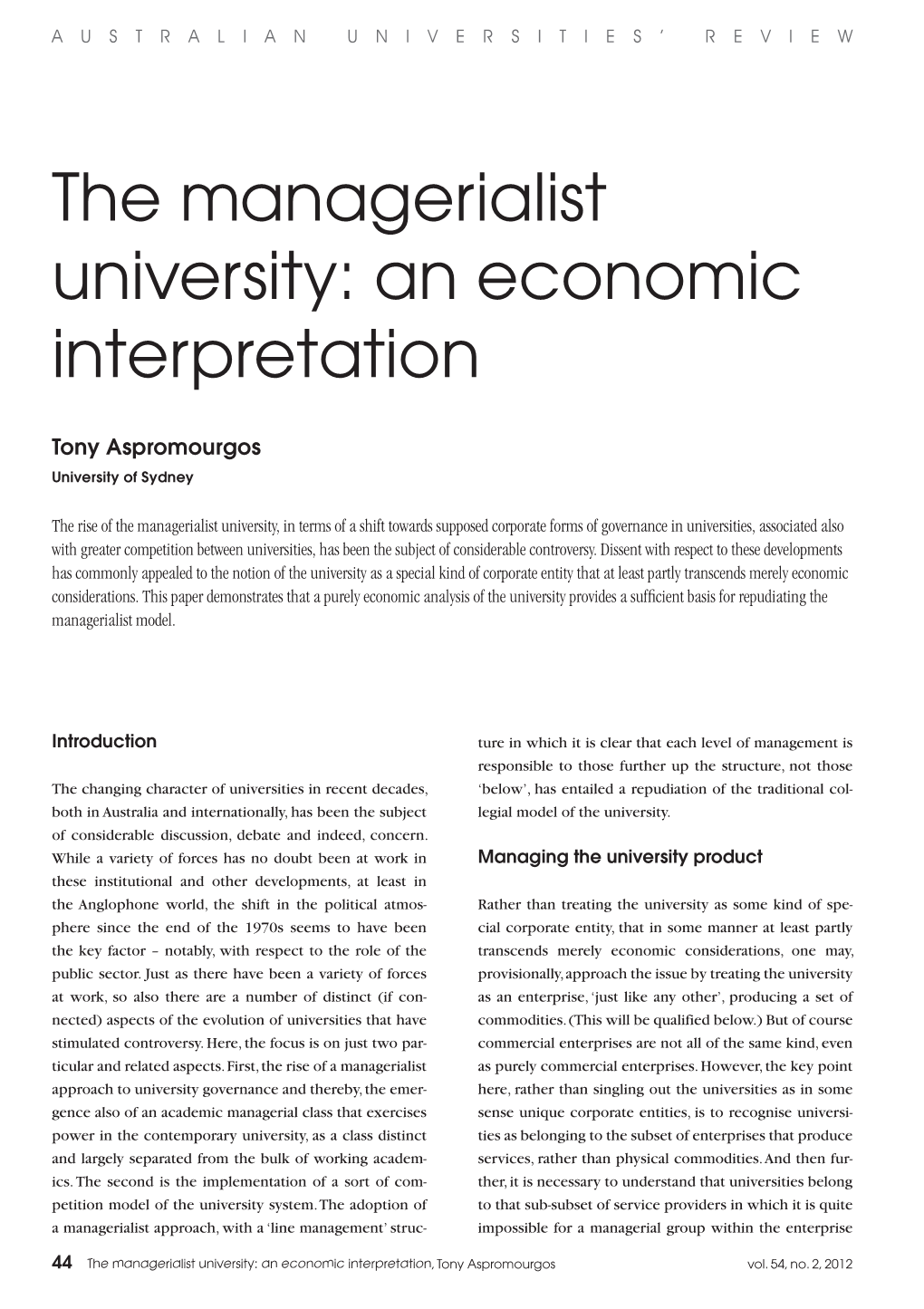 The Managerialist University: an Economic Interpretation