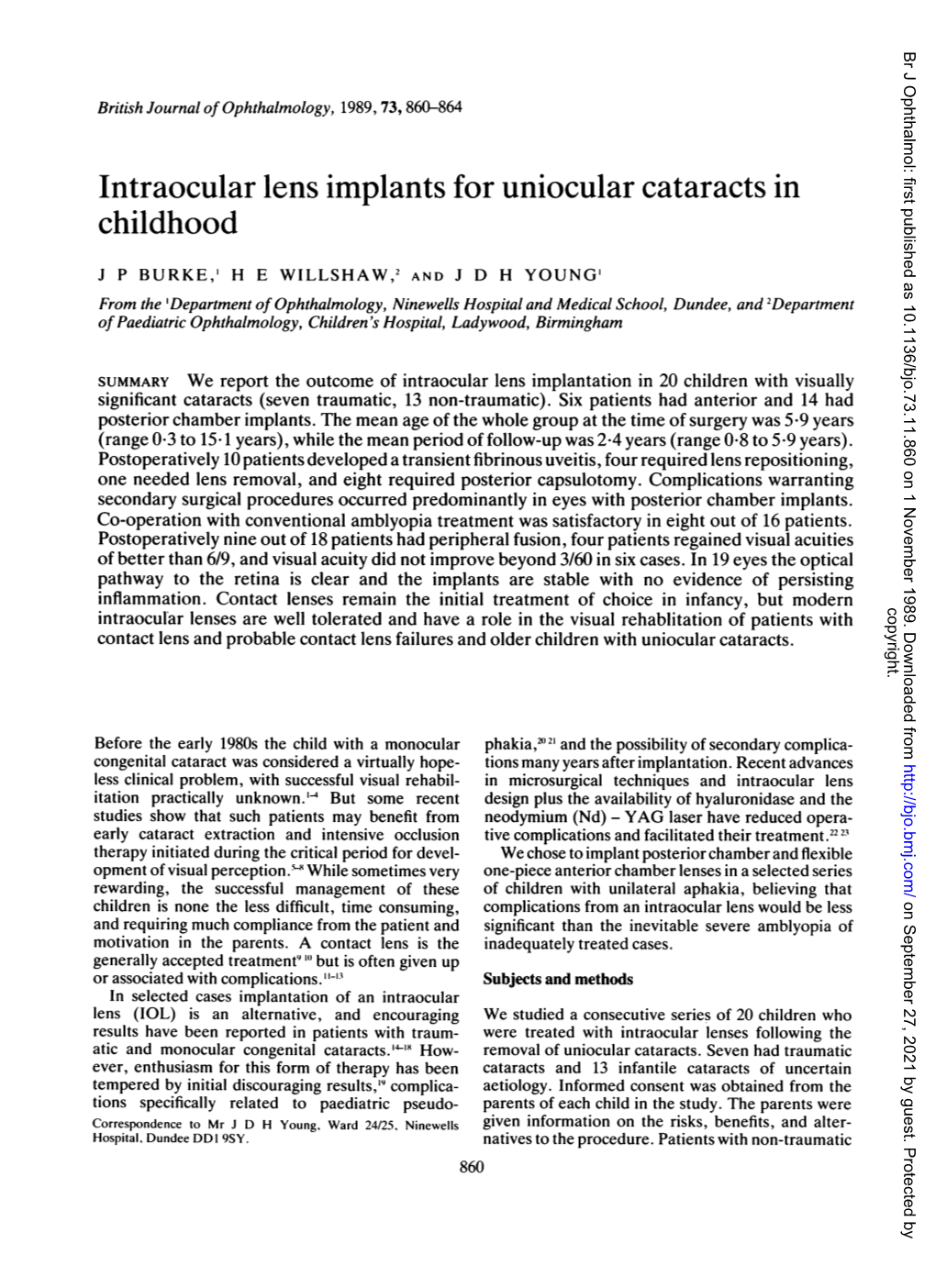 Intraocular Lens Implants Foruniocular Cataracts in Childhood