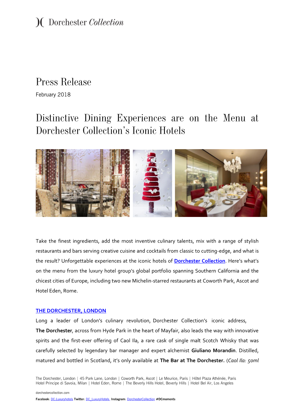 Press Release Distinctive Dining Experiences Are on the Menu at Dorchester Collection's Iconic Hotels