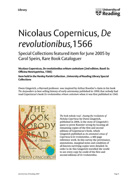 Nicolaus Copernicus, De Revolutionibus,1566 Special Collections Featured Item for June 2005 by Carol Speirs, Rare Book Cataloguer