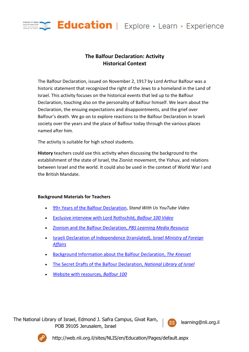 The Balfour Declaration: Activity Historical Context