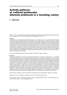 Activity Patterns of Collared Pratincoles Glareola Pratincola in a Breeding Colony I. Galván