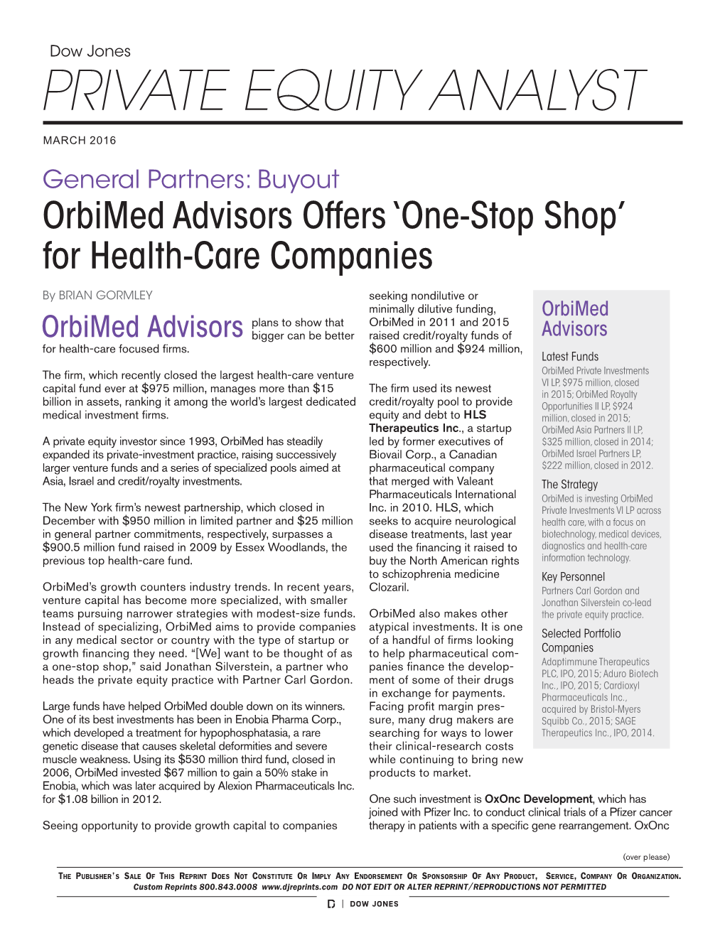 Orbimed Advisors Offers 'One-Stop Shop' for Health-Care Companies