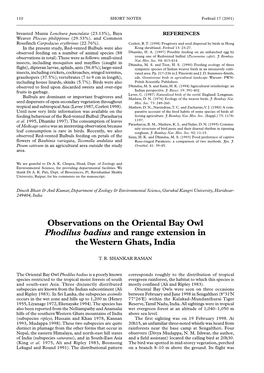 Observations on the Oriental Bay Owl Phodilus Badius and Range Extension in the Western Ghats, India