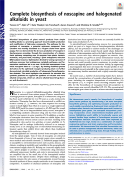 Complete Biosynthesis of Noscapine and Halogenated Alkaloids in Yeast