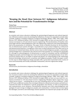 Keeping the Road Clear Between Us”: Indigenous Infrastruc- Ture and the Potential for Transformative Design