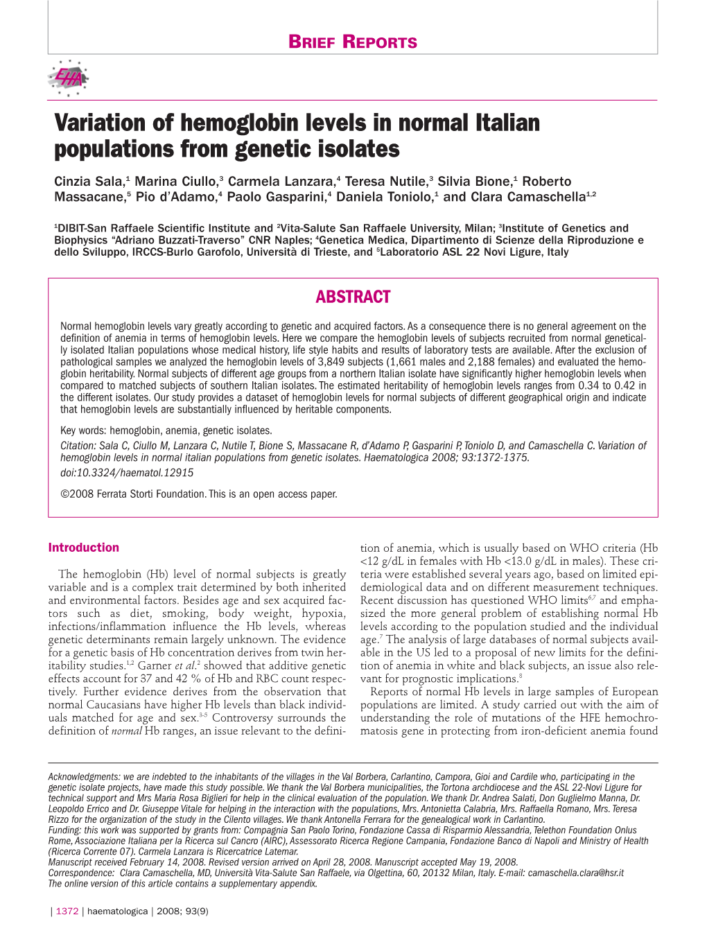 Variation of Hemoglobin Levels in Normal Italian Populations from Genetic Isolates