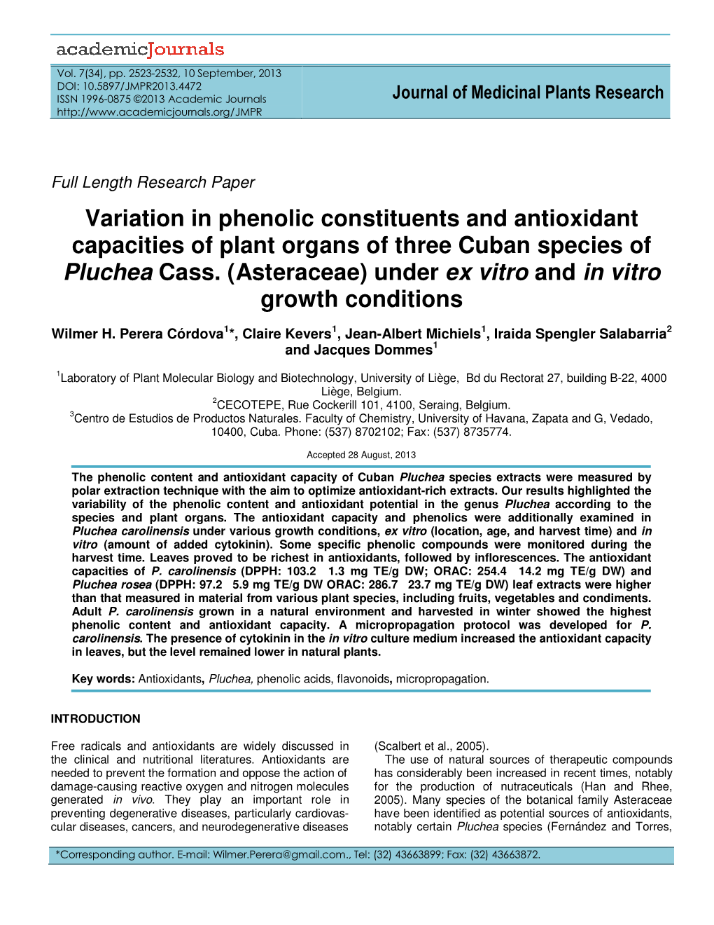 Variation in Phenolic Constituents and Antioxidant Capacities of Plant Organs of Three Cuban Species of Pluchea Cass