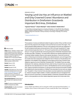 Varying Land-Use Has an Influence on Wattled and Grey Crowned Cranes’ Abundance and Distribution in Driefontein Grasslands Important Bird Area, Zimbabwe