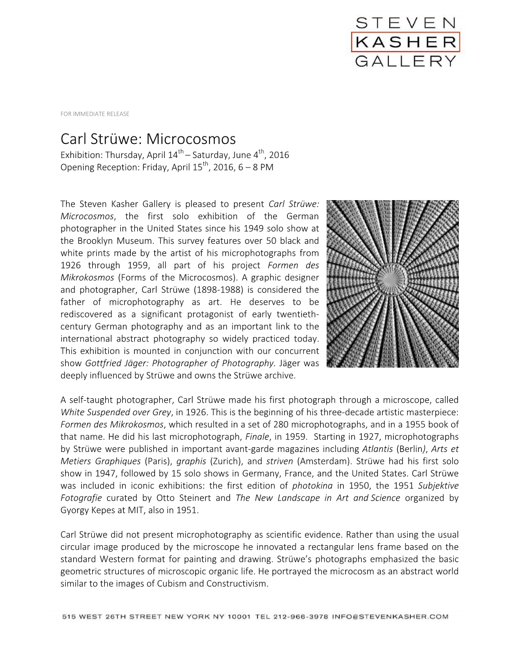 Carl Strüwe: Microcosmos Exhibition: Thursday, April 14Th – Saturday, June 4Th, 2016 Opening Reception: Friday, April 15Th, 2016, 6 – 8 PM