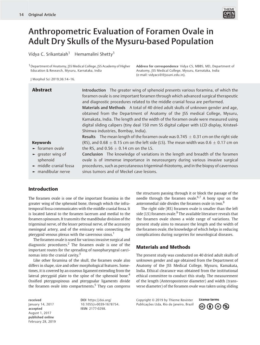 Anthropometric Evaluation of Foramen Ovale in Adult Dry Skulls of the Mysuru-Based Population