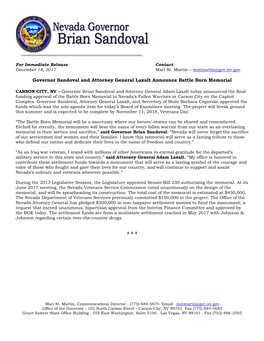 Governor Sandoval and Attorney General Laxalt Announce Battle Born Memorial