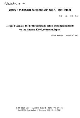 Decapod Fauna of the Hydrothermally Active and Adjacent Fields on the Hatoma Knoll, Southern Japan