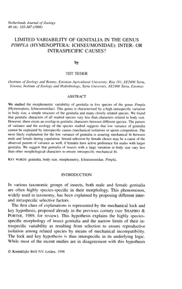 Limited Variability of Genitalia in the Genus Pimpla (Hymenoptera: Ichneumonidae): Inter- Or Intraspecific Causes?