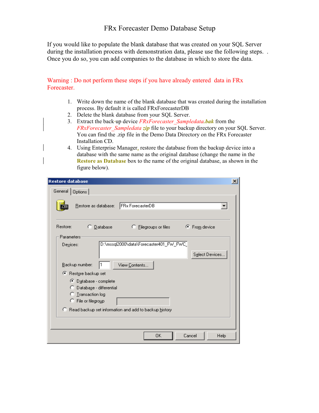 FRX Forcaster Demo-Database Setup