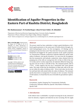 Identification of Aquifer Properties in the Eastern Part of Kushtia District, Bangladesh